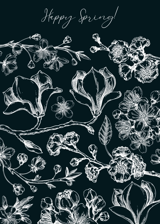 Spring greeting card. Blooming branches chalk drawing. Hand-drawn botanical illustration. Floral vector design. NOT AI genereted